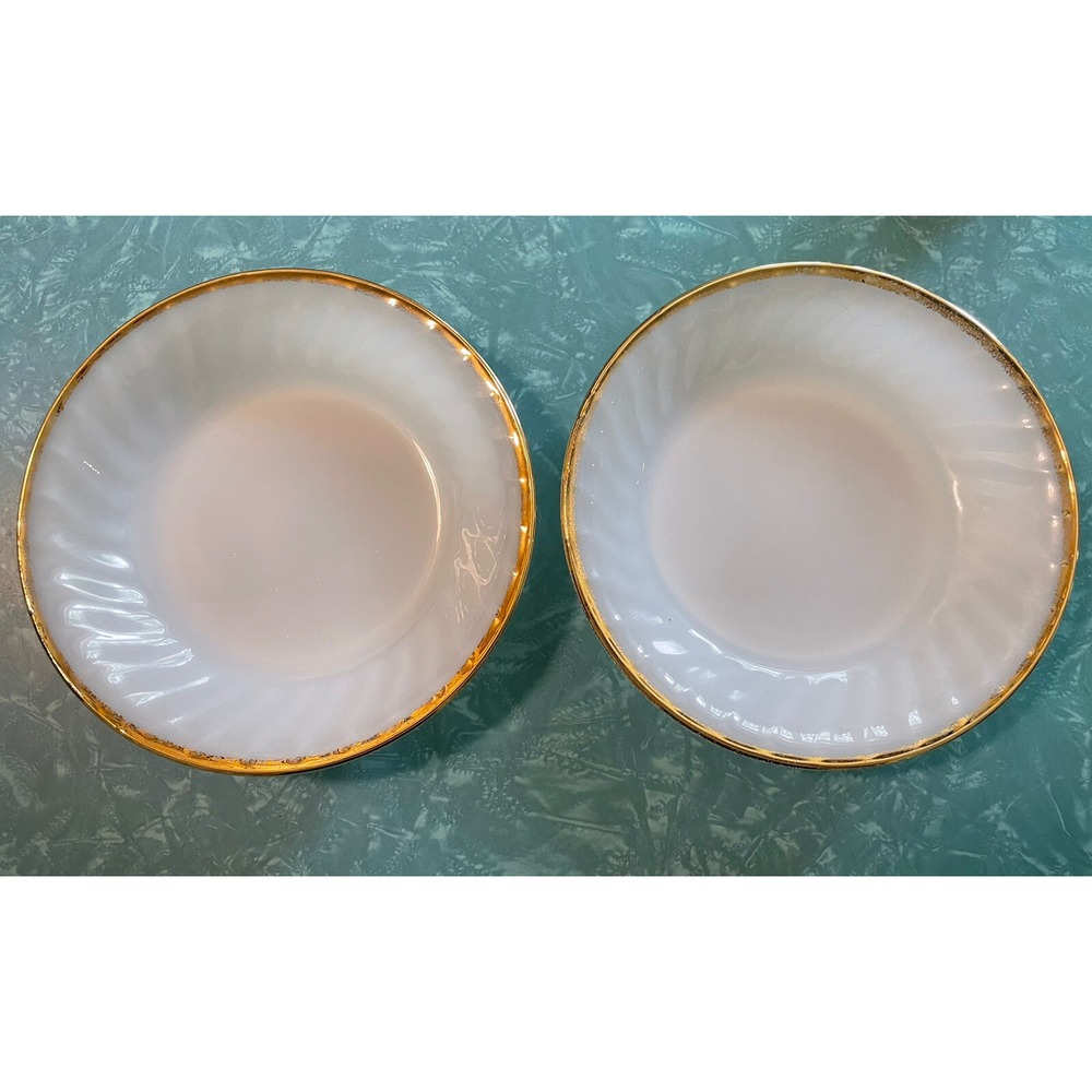 Fire King 7.5" Salad Bowls Swirl Milk Glass Gold Trim Anchor Hocking  Set of 2